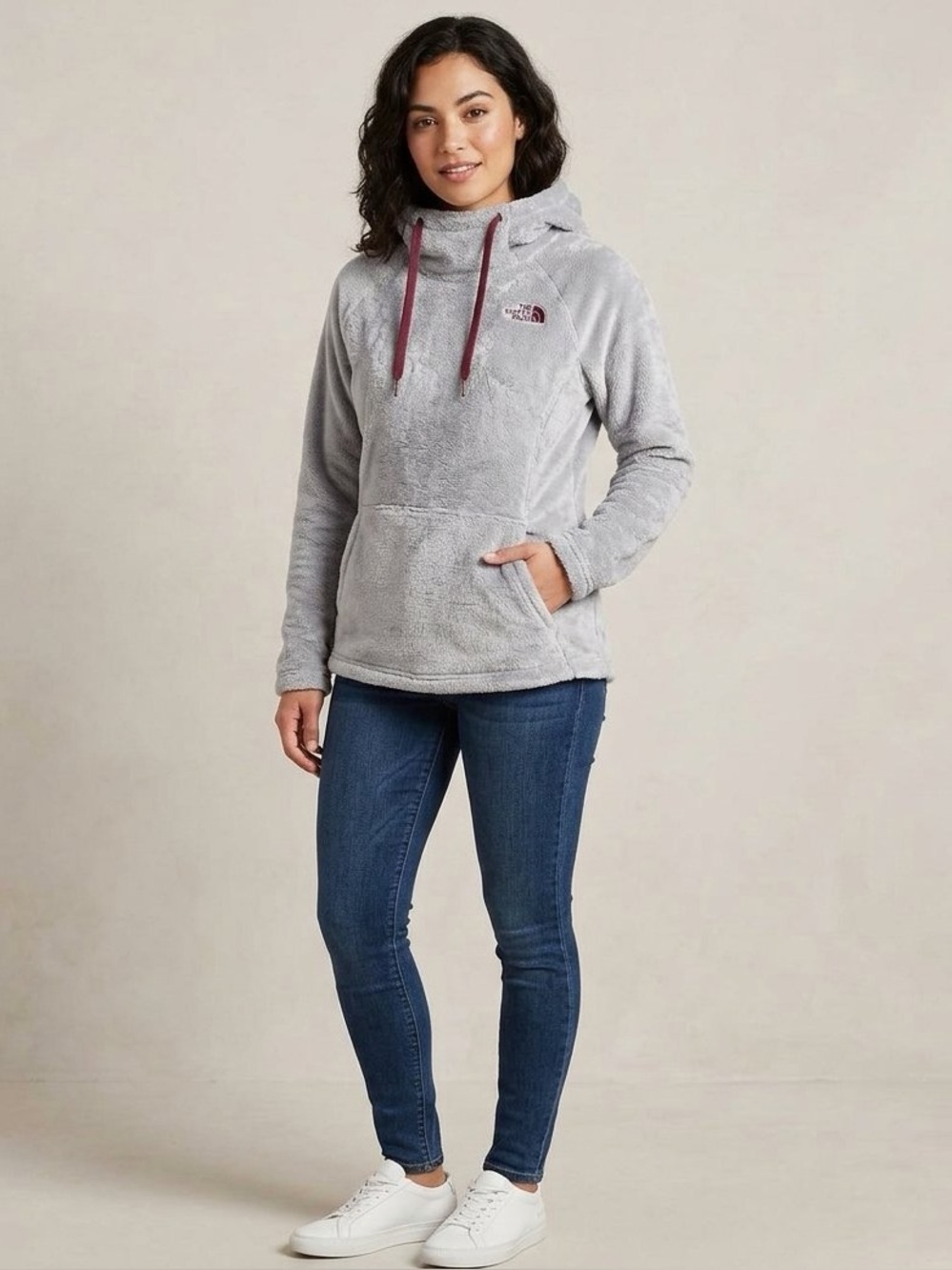 The North Face Women's Light Gray Plush Pullover Hoodie with Burgundy Accents